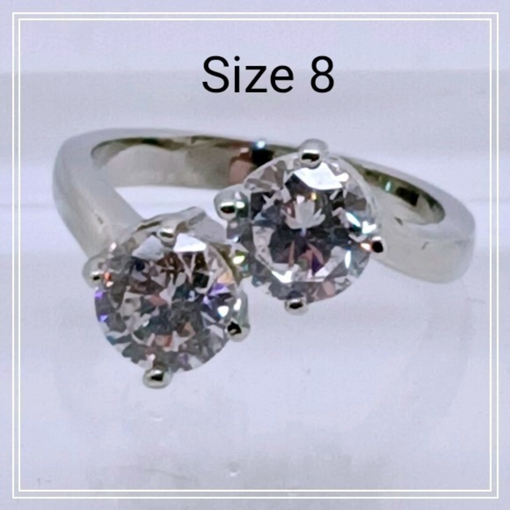 Size 8 Vintage 1990s Two Stone Round Cubic Zirconia Bypass Ring Silver Tone NOS